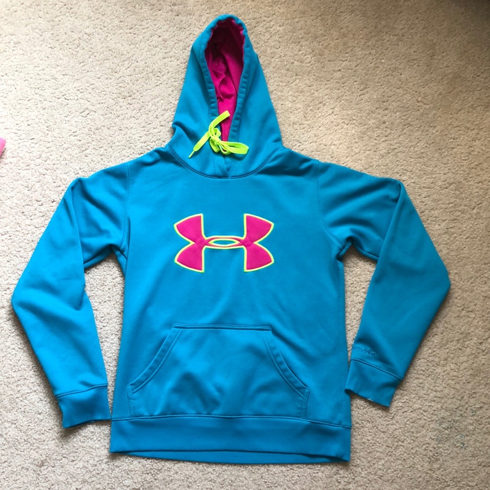 Bright blue pink green Under Armour Hooded Sweatshirt with fleece lining
